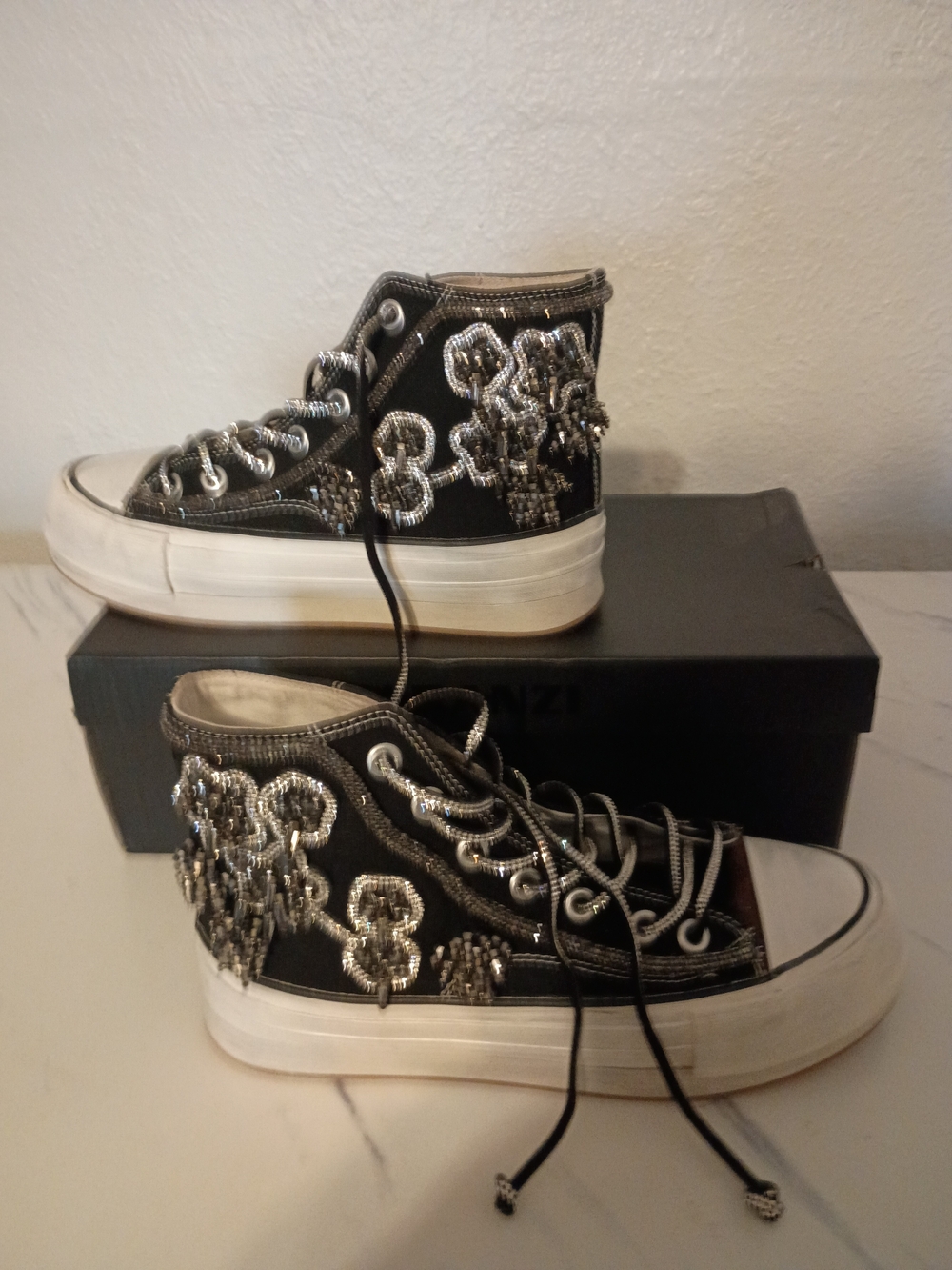 Embellished Black High-Top Sneakers with Silver Accents